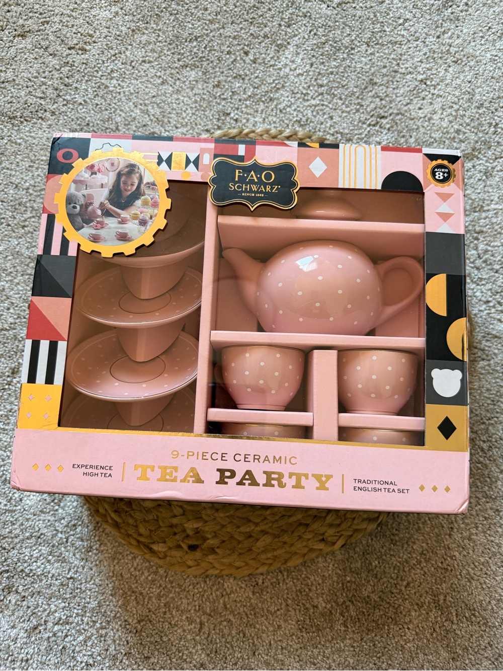 FAO Schwarz Pink Polka Dot 9-Piece Ceramic Tea Party Set - Play Tea Service